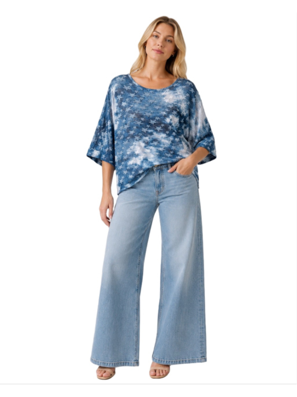 Soft Surroundings Blue Cloud Tie Dye Stars Textured Slub Knit Tunic Top Size S/M
